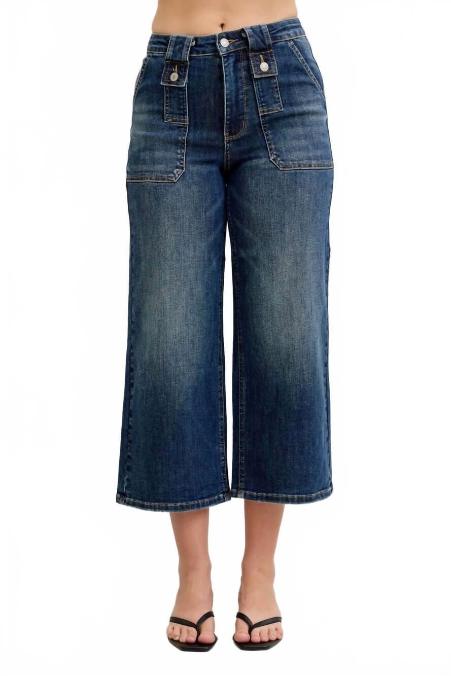 NEW JUDY BLUE wide crop utility & patch pocket jeans in blue